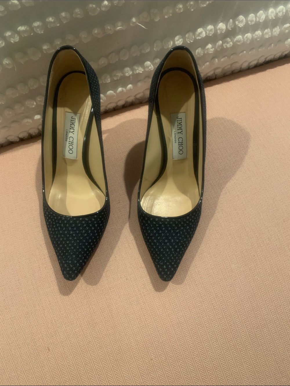 Jimmy Choo Navy Textured Pointed Toe Pumps